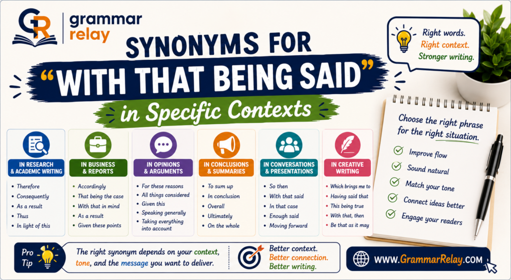 Synonyms for "With That Being Said" in Specific Contexts
