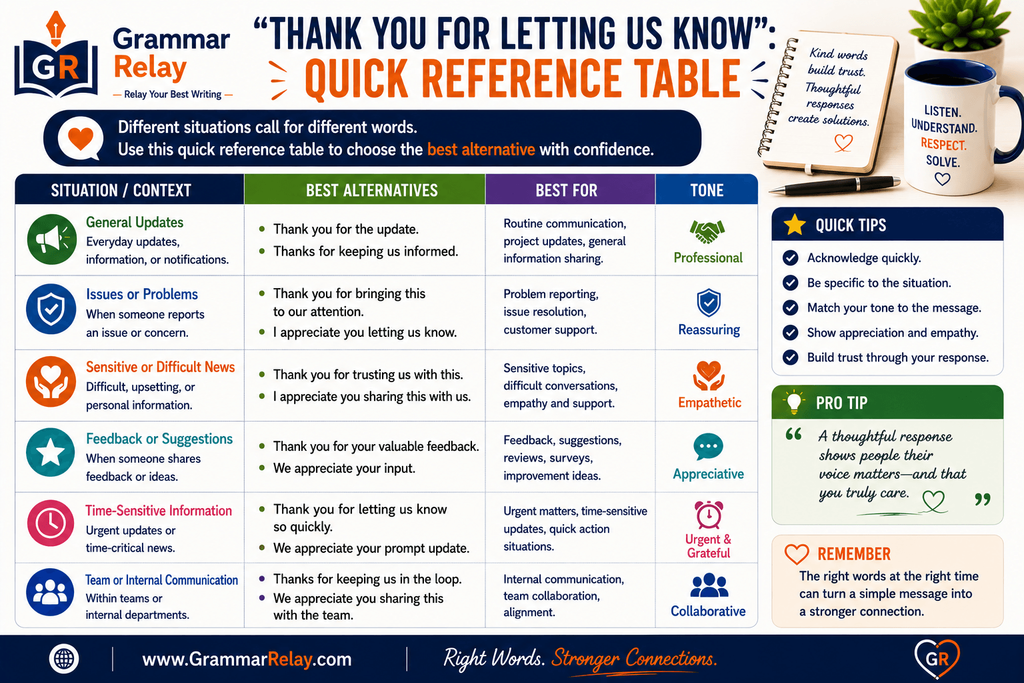 "Thank You for Letting Us Know": Quick Reference Table